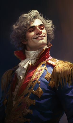 Middle-aged flamboyant smiling man with blue-colored wig, plump build, rich and well-dressed in gold and red. dark fantasy style, detailed. --ar 3:5
