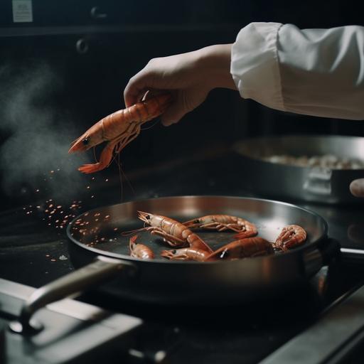 Midjourney Bot BOT — Hoje às 11:22 kitchen chef hands frying shrimps in pan, in a cooking workshop, Beta Upscale, 1920 x 2048 --v 5 --s 750 --q 2