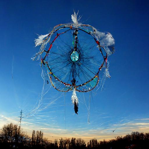 A giant dream catcher with bones and eagle feathers floating in the blue sky with prismatic clouds