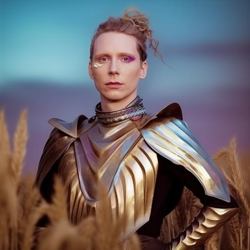 photorealistic photojournalistic 8K photo of this transwoman dressed in a suit of armour as she does a “come at me bro” gesture to her opponents. She’s standing in a beautiful corn field and has a big trans coloured flag behind her
