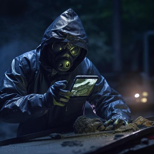 /stealth a froggy frogman holds up an evidence bag with a Samsung fold phone in it. Picture taken by crime scene photographer ultra photorealistic 8K