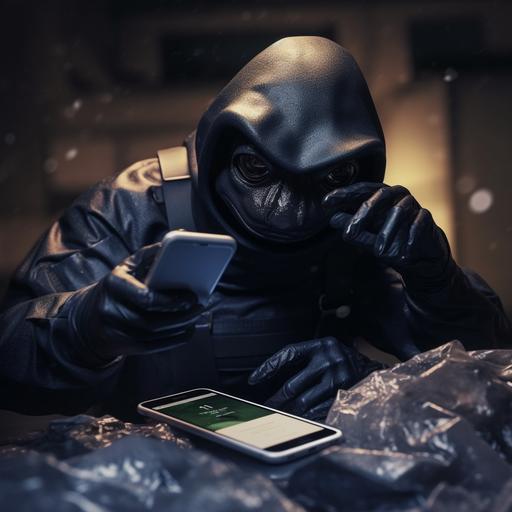 /stealth a froggy frogman holds up an evidence bag with a Samsung fold phone in it. Picture taken by crime scene photographer ultra photorealistic 8K