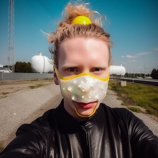 this girl taking a selfie while wearing a hazmat suit while in the background the Springfield Nuclear plant from the Simpson’s is going into meltdown this is all very realistic photographic style the girl has one finger to her lips as if saying shhh don’t tell on me and she has bows in her thick blonde platted hair and a hello kitty sticker on her suit and a pride sticker and a transgender flag sticker