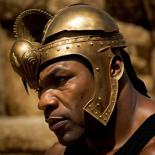 Mike Tyson wearing ancient roman gladiator helmet golden, head-shot, photo, gloss, shine, smooth, real, --v 4