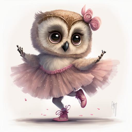 an adorable owl chick ballerina, wearing a pink tutu and ballerina slippers, cartoon