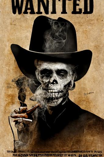 wanted dead or alive poster. Skeleton smoking cigar, sinister smirk, wearing cowboy hat —h 384