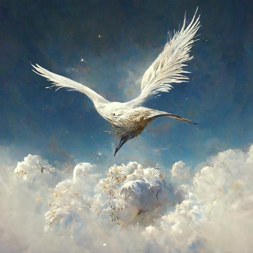 huge, beautiful, white bird in the sky, fantasy, realistic, detailed
