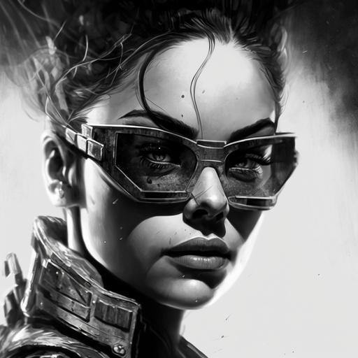 Mila Kunis as an assassin, cyberpunk, sin city, half color half black and white, blade runner, 300, love, wearing biomechanical goggles