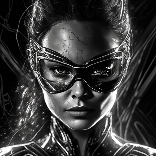 Mila Kunis as spiderwomen, cyberpunk, sin city, half color half black and white, blade runner, 300, love, wearing biomechanical goggles u 2