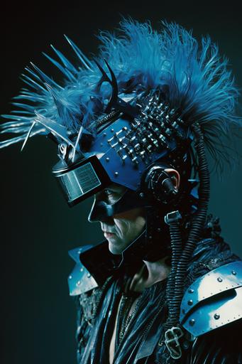 god of cyberspace, vr helmet, goggles, punk mohawk, complex visor, aggressive masculine fave, biker, charging forward, riding motorcycle, bandit, blue feathers, harley davidson, goth punk, leather jacket, blue fog, mad max inspired costume, symmetry, grid, matrix 1999, detailed visor, sci fi, tron 1982, 70s, blue fog, vhs, concept art, by Tsukasa Hojo and Toshihiro Kawamoto, Yoji Shinkawa, Jean Giraud Moebius, Syd Mead, moody lighting --ar 2:3 --q 2 --v 4