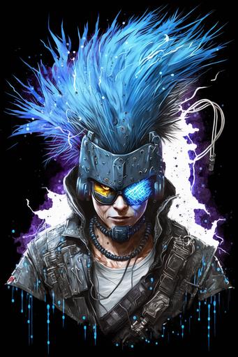 god of electricity and lightnings, vr helmet, goggles, punk mohawk, complex visor, aggressive masculine fave, biker, charging forward, riding motorcycle, bandit, blue feathers, line art, akira style, ghost in the shell, harley davidson, goth punk, leather spiked jacket, blue fog, mad max inspired costume, detailed visor, sci fi, heavy metal, 70s, blue fog, vhs, concept art, by Tsukasa Hojo and Toshihiro Kawamoto, Yoji Shinkawa, Jean Giraud Moebius, Syd Mead, moody lighting --ar 2:3 --q 2 --v 4