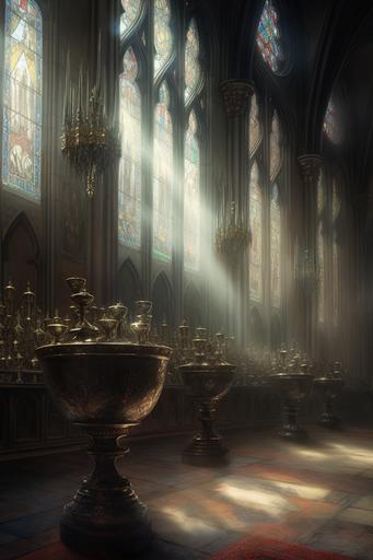 gothic church trophy altar, ritual chalice, lots of cups, chalices, trophies on display, architecture environment, elaborate details, green fog, edmund blair leighton, zdislav beksinski, gustave dore, Henri de Toulouse-Lautrec, oil painting, impressionism --ar 2:3 --q 2 --v 5 --s 250