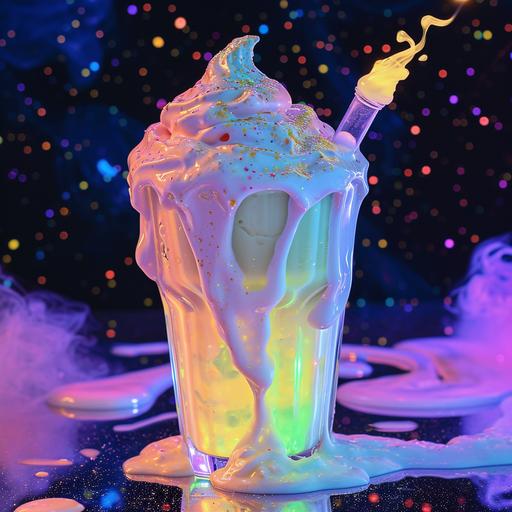 Milkshake glass   frozen will-o'-the-wisps   rainbow hues gradients   test tube ghost rockets, sharpness, extreme detail, ultra high quality --v 6.0
