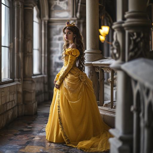 Millie Bobbie Brown portraying Princess Daisy from Super Smash Bros Ultimate in a movie. Correct yellow gown and crown costume, high quality. Correct long brown hair. Correct makeup. Emotion is happy and smiling. Movie promotional photo taken inside of a castle. 8k, award - winning photography, ultra - photorealistic. Modern, very detailed, Portrait, full body shot, candid. ACTORS: person, CAMERA MODEL: Canon EOS R5, --v 6.0
