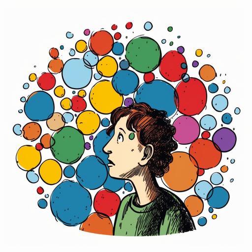 cartoon person worried, thinking about different coloured circles in thought bubble, white background --v 5 --s 750 --q 2