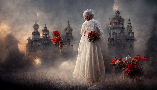 old woman wearing a vintage white wedding dress with red flowers, surrounded by small angels with feathered wings, in front of a heavenly white castle, fog  cinematic   sidelight   photo   realism, 4K, --ar 16:9
