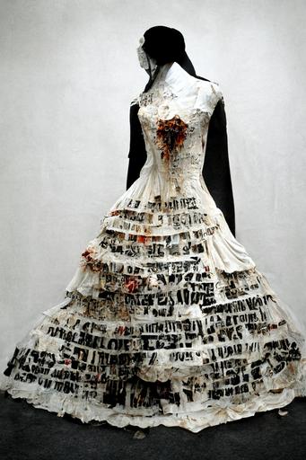 Wedding dress made of torn and burnt love letters on paper --ar 5:7 --s 1500