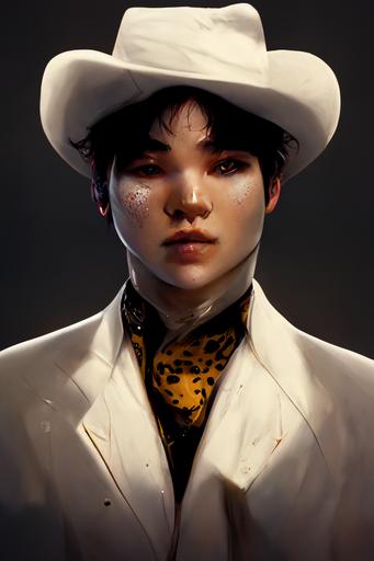 Min Yoongi as a gangster cowboy wearing a white suit and small leopard print shirt, portrait, concept art, Ty Romsa, boris vallejo, paul lehr, ultra realistic, insane details, carefully designed, cinematic, octane render, unreal engine, --ar 2:3