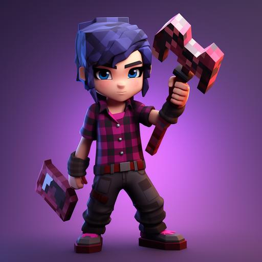 Minecraft Character, short purple hair, Purple eyes, strong, Masculine, Wearing Red and black checkered Flannel shirt, Blue jeans, Brown boots, Holding a diamond pickaxe, Female, Tough, Warrior, Half Enderman half human, Realistic, dynamic pose, full body portrait.