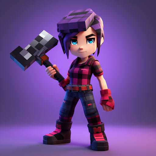 Minecraft Character, short purple hair, Purple eyes, strong, Masculine, Wearing Red and black checkered Flannel shirt, Blue jeans, Brown boots, Holding a diamond pickaxe, Female, Tough, Warrior, Half Enderman half human, Realistic, dynamic pose, full body portrait.
