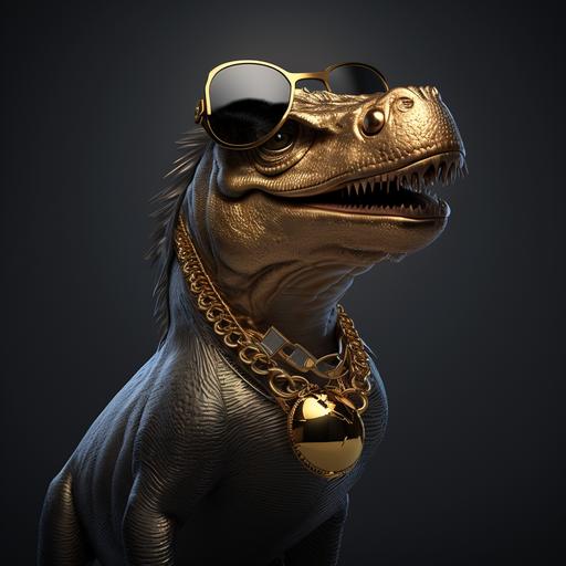 Mini Dino, hyper realy, cadenas de oro, collar de oro, lentes negros, dinero, Happy