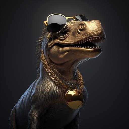 Mini Dino, hyper realy, cadenas de oro, collar de oro, lentes negros, dinero, Happy