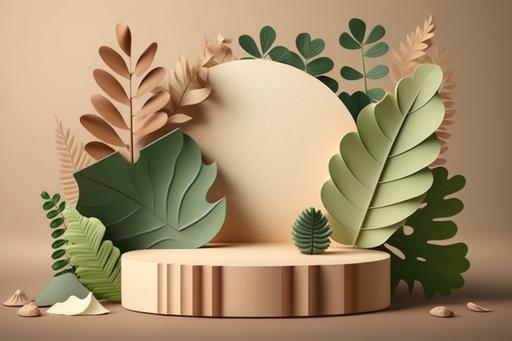 Minimal modern product display on neutral beige background. Wood slice podium and green leaves. Concept scene stage showcase for new product, promotion sale, banner, presentation, --ar 3:2