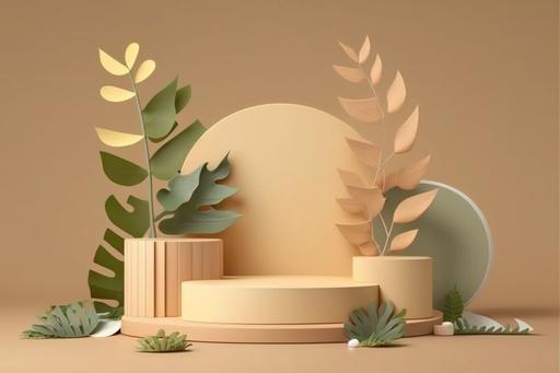 Minimal modern product display on neutral beige background. Wood slice podium and green leaves. Concept scene stage showcase for new product, promotion sale, banner, presentation, --ar 3:2