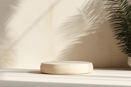 Minimal, natural log wood podium table in sunlight, palm leaf shadow in blank cream white wall, floor for modern luxury beauty, cosmetic, organic, nature,8k, fashion product display background --ar 3:2 --s 750 --q 2
