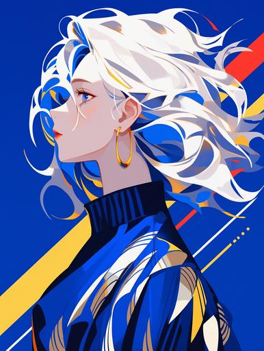 Minimalism, vector illustration, a pretty girl, full of the same expression, azure background, azure blue and light gold style, azure blue and light gold clothes and fabrics, white hair, surrealistic, supremacist style, from the waist up, --ar 3:4 --s 250 --niji 5