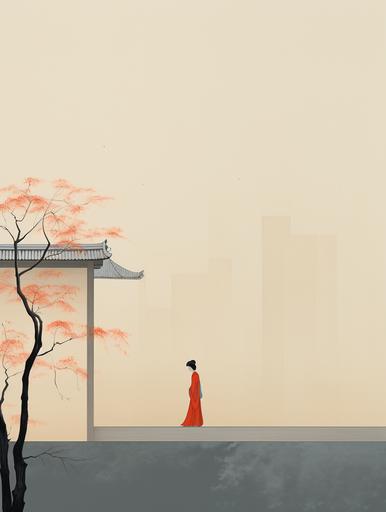 Minimalist Song dynasty, mural by Alessandro Gottardo,Dream of Red Mansions,Heian period,Zen,dark orange, blue and lightbeige style,enigmatic figures,elegant cityscape,historical painting,super fine detail,monumentalmural,Fine brushwork style,new Chinese style,aesthetic conception,Eastern aesthetics,landscape painting --ar 3:4