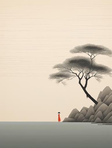 Minimalist Song dynasty, mural by Alessandro Gottardo,Dream of Red Mansions,Heian period,Zen,dark orange and blue, lightbeige style,enigmatic figures,elegant cityscape,historical painting, river, pine, hills and palace, super fine detail,monumentalmural,Fine brushwork style,new Chinese style,aesthetic conception,Eastern aesthetics,landscape painting --ar 3:4