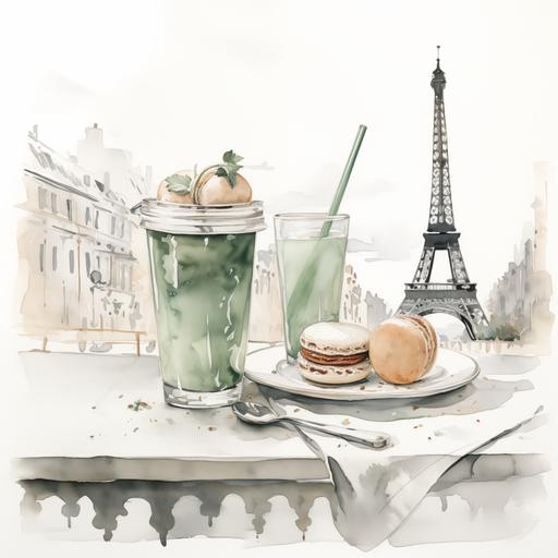Minimalist Watercolor Painting of lattes and french pastries with Paris in the background, sage green accents and exaggerated sketch lines.