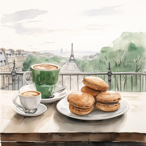 Minimalist Watercolor Painting of lattes and french pastries with Paris in the background, sage green accents and exaggerated sketch lines.