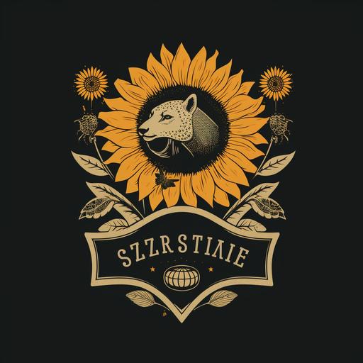 Minimalist design, sunflower safari logo, with different styles. A brand featuring vintage apparel with animals and flowers. Combine elements of a sunflower and an animal pattern. with a sign in the foreground saying 
