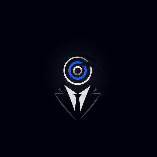 Minimalist detective eyeball logo, suit and tie, dark blue and black, dark background, stylised, 8k, hd, business