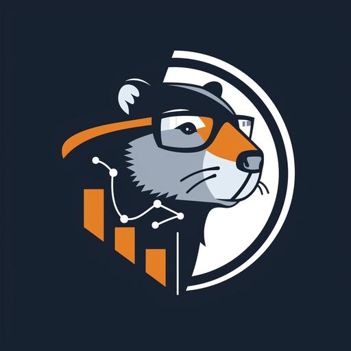 Minimalist logo with the stylized profile view of a focused beaver wearing glasses. In the background, performance analytics graphics like curves and charts form a halo around the beaver's head. The logo color palette contains dark blue, grey and orange. It looks modern, clever, catchy with a lot of visual details. The beaver represents marketing expertise and the analytics data reflects optimization skills. --v 6.0