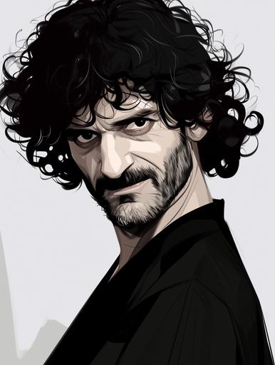 Minimalist movie character poster on a white background of arrogant, grinning Alain Fitoussi, a jew of Tunisian origin, portrayed by Ramzy Bedia. His hair is black, curly, short and dense. His eyebrows are thick and slightly arched, framing deep-set eyes that carry a hint of weariness or introspection. With visible wrinkles. With a short beard. He has a strong, broad nose and full lips that are closed in a neutral position, neither smiling nor frowning, which gives him a serene yet enigmatic expression. the brilliant, cunning, improvising fraudster, inspiring confidence, in the style of minimalist single line sketch, striking effect --ar 3:4 --sref  --niji 6 --s 250