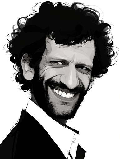 Minimalist movie character poster on a white background of arrogant, grinning Alain Fitoussi, a jew of Tunisian origin, portrayed by Ramzy Bedia. His hair is black, curly, short and dense. His eyebrows are thick and slightly arched, framing deep-set eyes that carry a hint of weariness or introspection. With visible wrinkles. With a short beard. He has a strong, broad nose and full lips that are closed in a neutral position, neither smiling nor frowning, which gives him a serene yet enigmatic expression. the brilliant, cunning, improvising fraudster, inspiring confidence, in the style of minimalist single line sketch, striking effect --ar 3:4 --sref  --niji 6 --s 250 --style raw