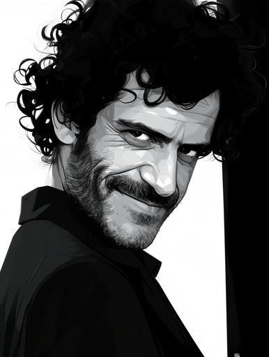 Minimalist movie character poster on a white background of arrogant, grinning Alain Fitoussi, a jew of Tunisian origin, portrayed by Ramzy Bedia. His hair is black, curly, short and dense. His eyebrows are thick and slightly arched, framing deep-set eyes that carry a hint of weariness or introspection. With visible wrinkles. With a short beard. He has a strong, broad nose and full lips that are closed in a neutral position, neither smiling nor frowning, which gives him a serene yet enigmatic expression. the brilliant, cunning, improvising fraudster, inspiring confidence, in the style of minimalist single line sketch, striking effect --ar 3:4 --sref  --niji 6 --s 250 --style raw