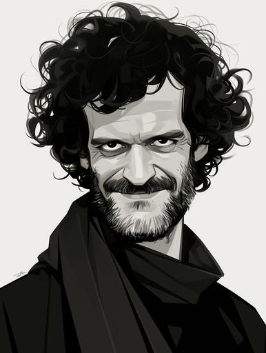 Minimalist movie character poster on a white background of arrogant, grinning Alain Fitoussi, a jew of Tunisian origin, portrayed by Ramzy Bedia. His hair is black, curly, short and dense. His eyebrows are thick and slightly arched, framing deep-set eyes that carry a hint of weariness or introspection. With visible wrinkles. With a short beard. He has a strong, broad nose and full lips that are closed in a neutral position, neither smiling nor frowning, which gives him a serene yet enigmatic expression. the brilliant, cunning, improvising fraudster, inspiring confidence, in the style of minimalist single line sketch, striking effect --ar 3:4 --sref  --niji 6 --s 250