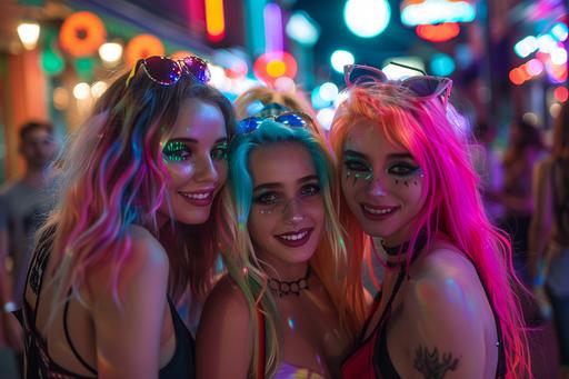 *Minimalist single line sketch* In town for a convention, Three beautiful neon-haired female cosplayer fairies, photo-realistic, posing, for a photo, enjoying the urban nightlife at Printers Alley in Nashville --ar 3:2 --s 99 --v 6.0