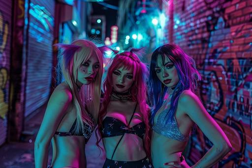 *Minimalist single line sketch* In town for a convention, Three beautiful multicolor-haired female cosplayer fairies, photo-realistic, posing, for a photo, enjoying the urban nightlife at Printers Alley in Nashville --ar 3:2 --s 99 --v 6.0