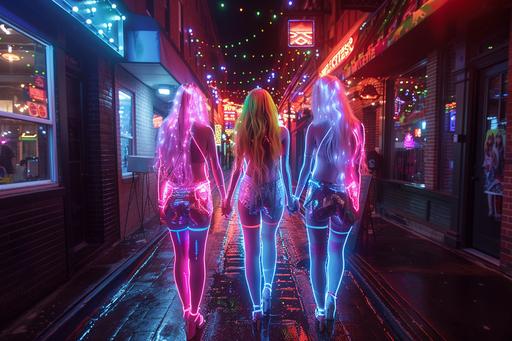*Minimalist single line sketch* In town for a convention, Three beautiful neon-haired female cosplayer fairies, photo-realistic, posing, for a photo, enjoying the urban nightlife at Printers Alley in Nashville --ar 3:2 --s 499 --v 6.0