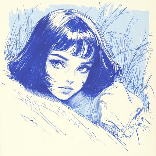 Minimalist single line sketch of a short svelte Latina starlet, resting mean face, she wears a petticoat, her face triangle shaped with sunken cheeks, her eyes wide and deeply black iris that shines, french fringe hairstyle with two long strands near the ears, puffy lips, behind her a scene of a road and dead grass with a hollowed out tree trunk --niji 6