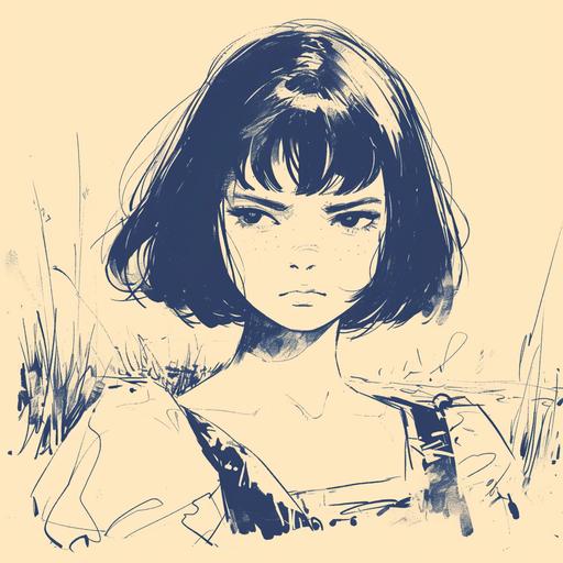 Minimalist single line sketch of a short svelte Latina starlet, resting mean face, she wears a petticoat, her face triangle shaped with sunken cheeks, her eyes wide and deeply black iris that shines, french fringe hairstyle with two long strands near the ears, puffy lips, behind her a scene of a road and dead grass with a hollowed out tree trunk --niji 6