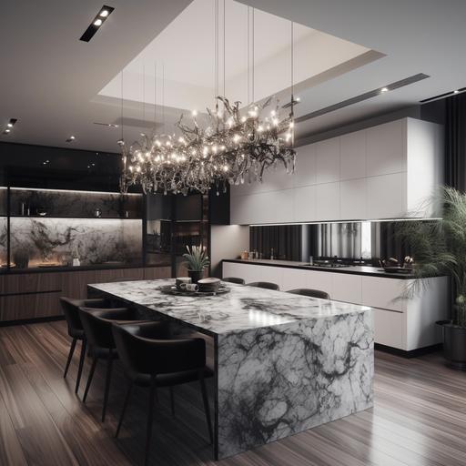 Minimalistic kitchen sleek white facades without handles ceiling-high dark marble countertop dark marble floor elegant chandelier over a large rectangular wooden table --s 250 --v 5.0