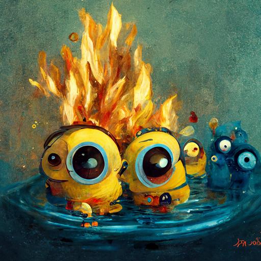 Minions playing in water and fire