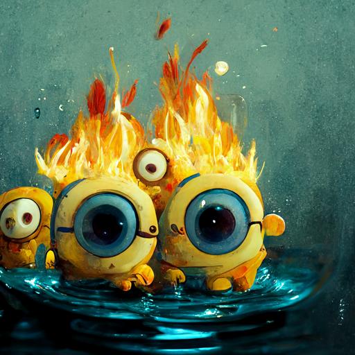 Minions playing in water and fire