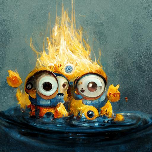 Minions playing in water and fire